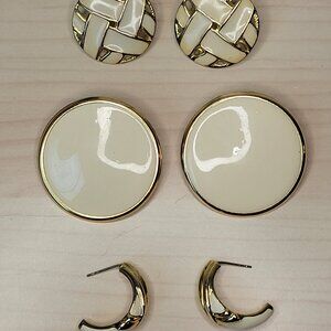 3 Pairs of Gold Beige Chunky 80s Stud Earrings: Large Round, Weaved, Semi-Hoops